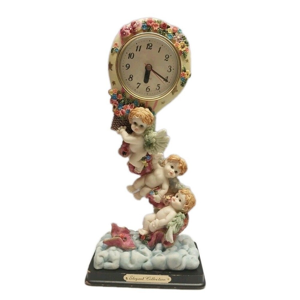 Vintage Elegant Collection Cherub Angel Mantel Clock 12.5" Working Resin Decor